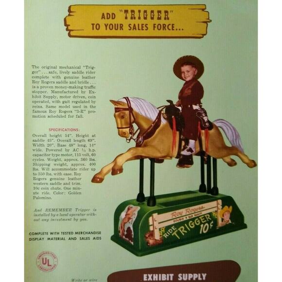 Roy Rogers Trigger Kiddie Ride Flyer Original Art Print Horse Western Cowboy '54 - Picture 3 of 5